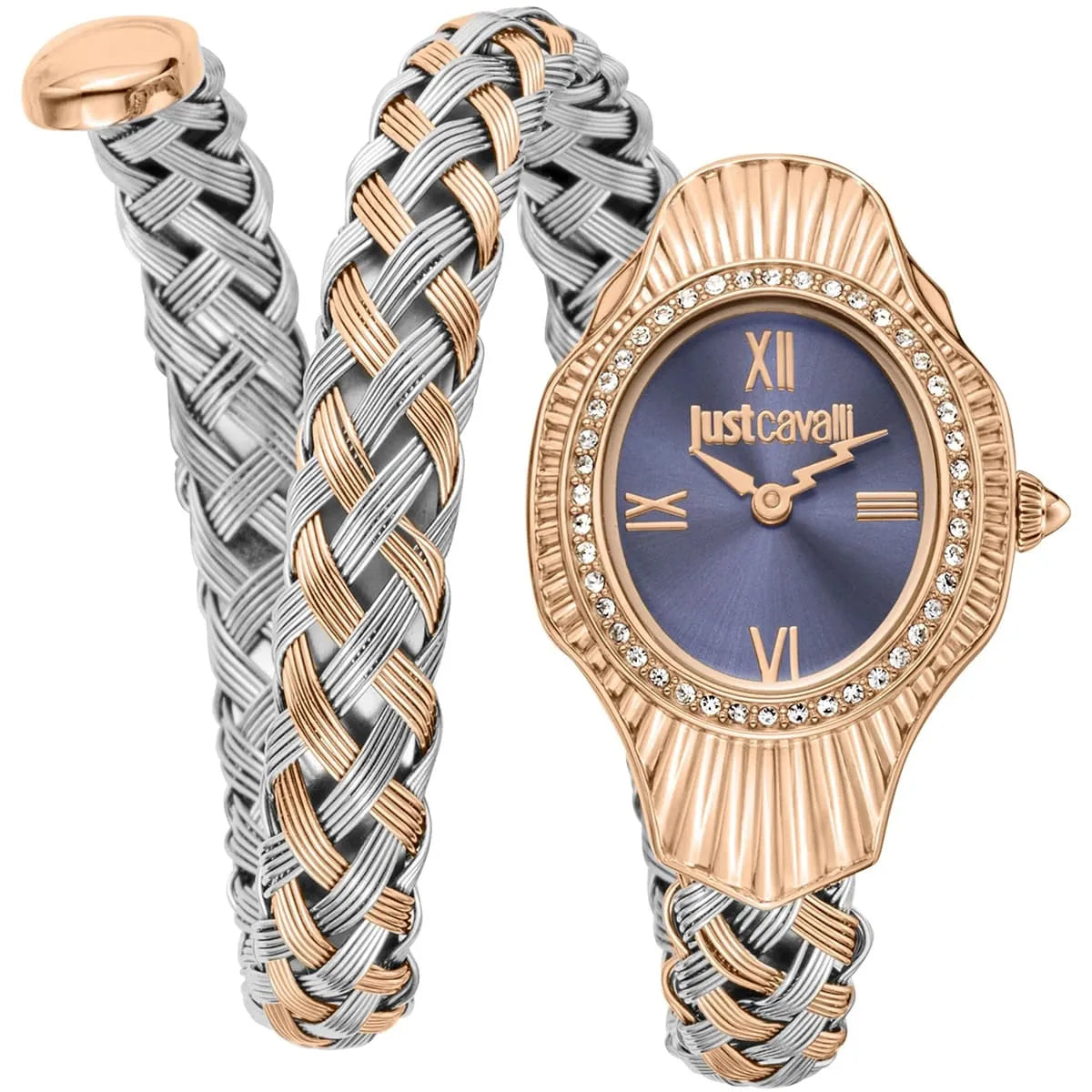 Just Cavalli Signature Snake women's watch with dark blue dial, rose gold case, crystal bezel, and two-tone braided strap