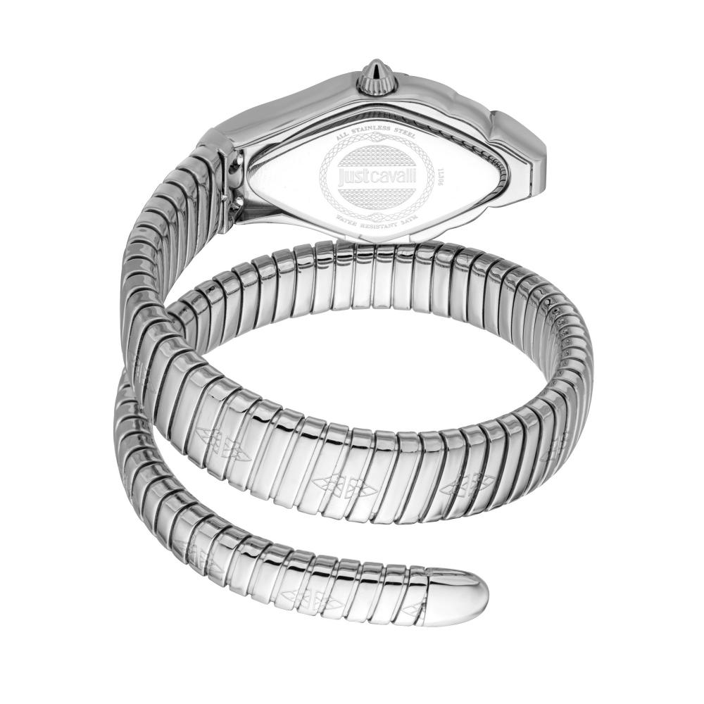 Back view of Just Cavalli Ferocious watch showing caseback and coiled snake bracelet design