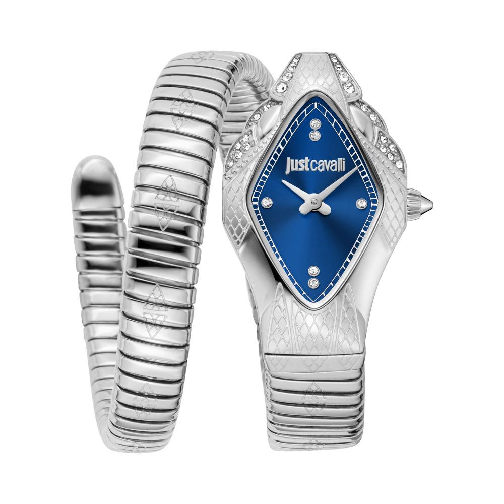 Just Cavalli Ferocious women's watch with blue diamond-shaped dial, silver metal case, and coiled snake bracelet
