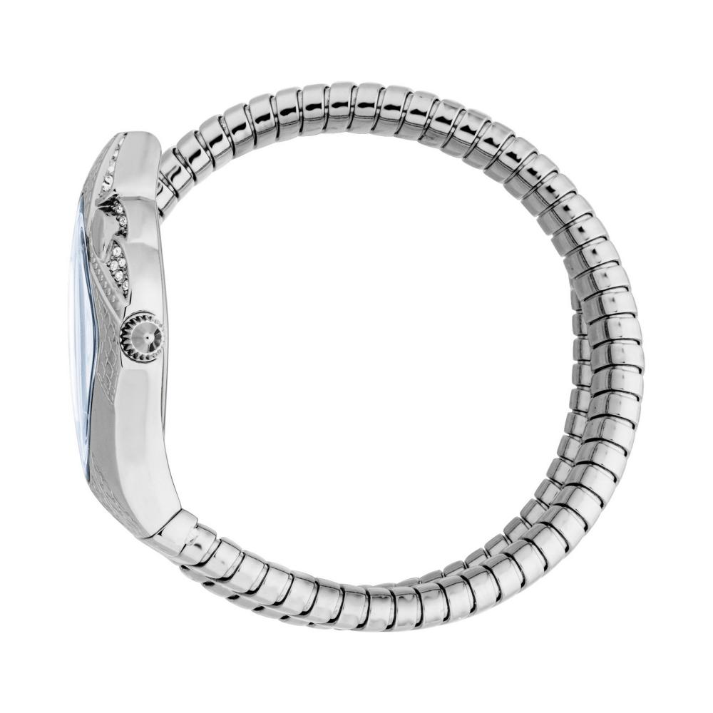 Just Cavalli Ferocious watch worn on wrist, showing side profile with blue dial and snake bracelet