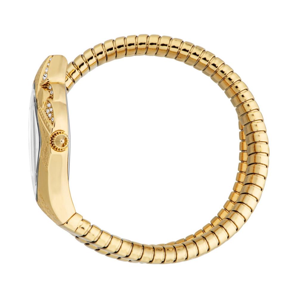 Just Cavalli Signature Snake watch worn showing side profile and gold strap detail