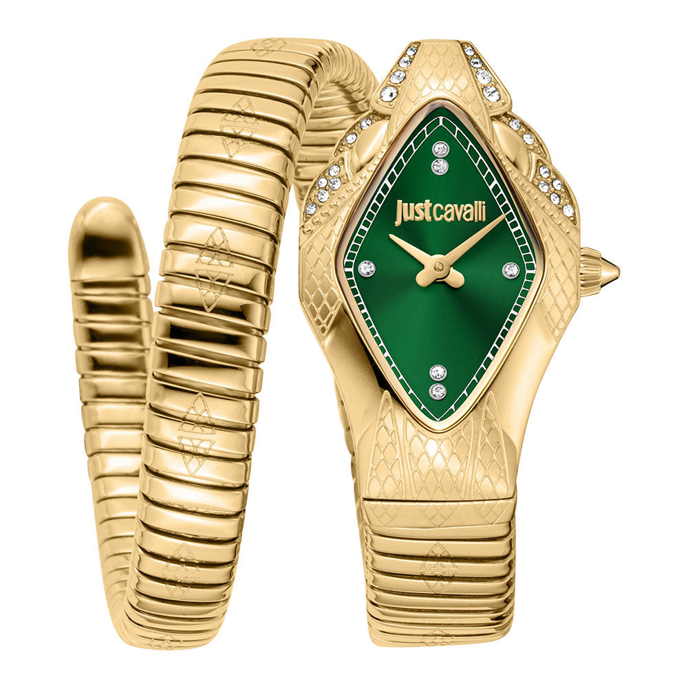 Just Cavalli Signature Snake watch with yellow gold snake bracelet, green dial, and diamond accents