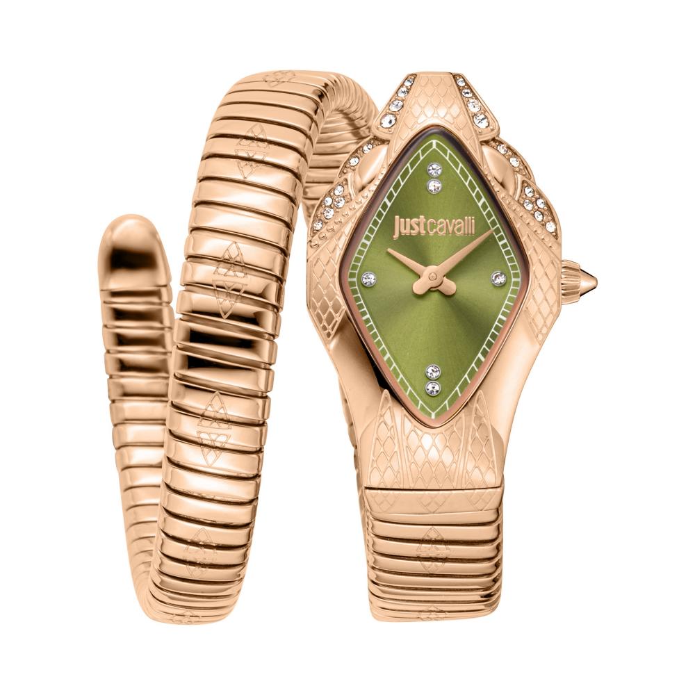 Just Cavalli Ferocious women's watch with rose gold case, green diamond dial, crystal bezel, and matching bracelet