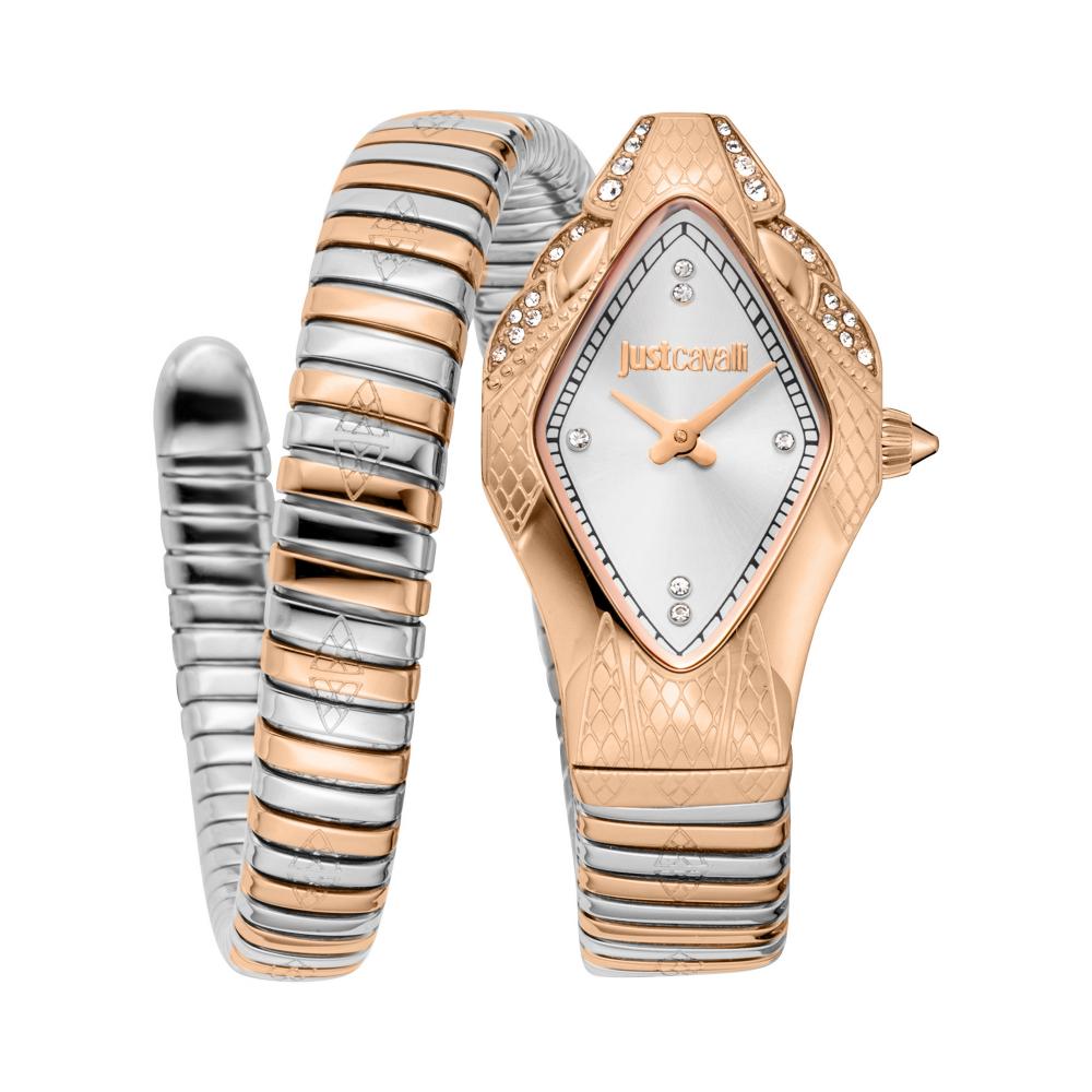 Just Cavalli Signature Snake women's watch with rose gold diamond case and silver dial