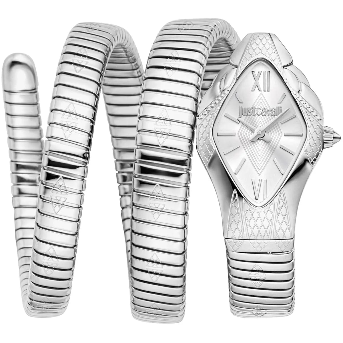 Just Cavalli silver grey women's watch with diamond case, silver dial, and snake wrap stainless steel bracelet