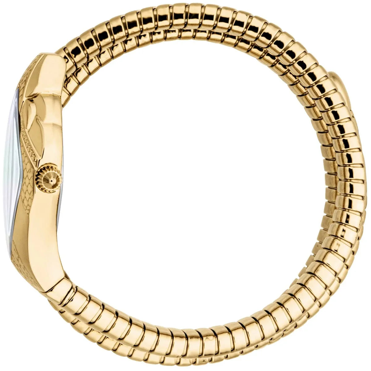 Just Cavalli Cristallo watch side view showing curved diamond-shaped case and gold snake bracelet