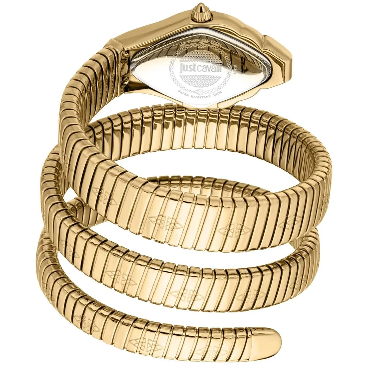 Gold stainless steel snake-textured double wrap bracelet with watch head displayed flat