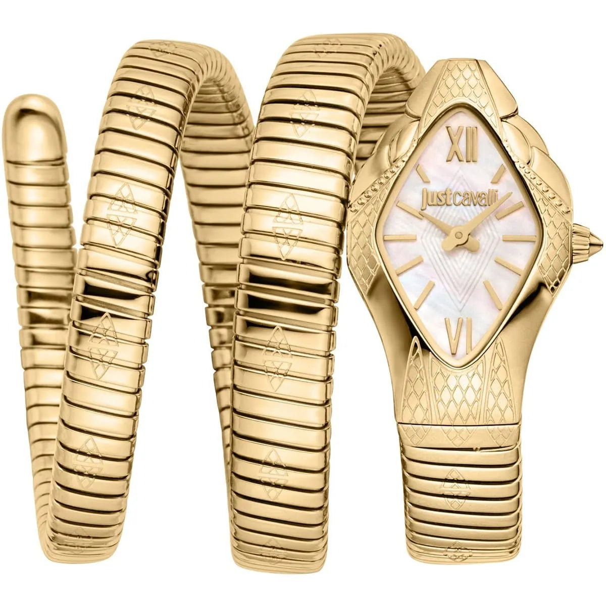 Just Cavalli Cristallo women's watch with white mother of pearl dial and gold stainless steel snake wrap bracelet