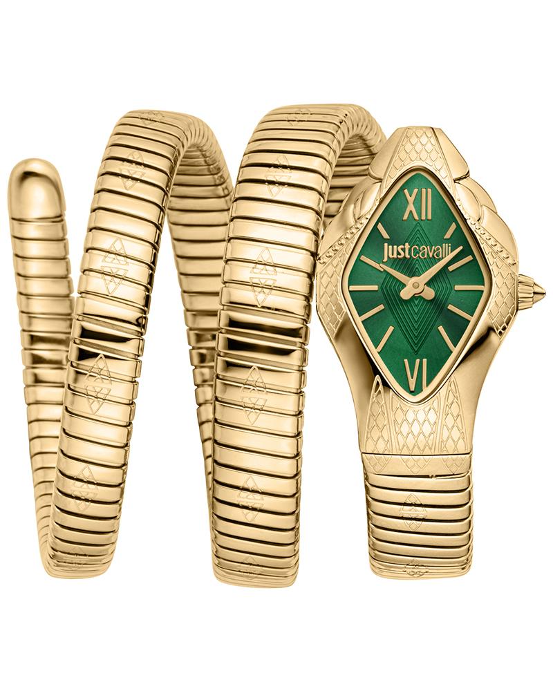 Just Cavalli Cristallo green dial women's watch with gold-tone case and snake bracelet
