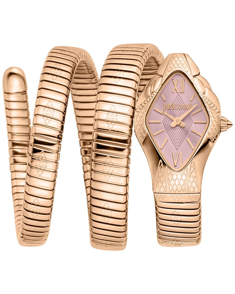 Just Cavalli Cristallo 26mm women's watch with rose gold case, pink diamond-patterned dial and snake-coil bracelet