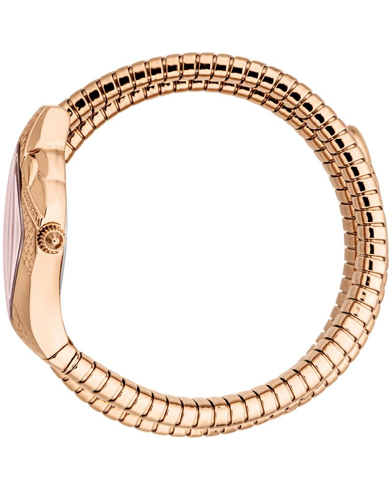 Side profile of Just Cavalli Cristallo 26mm watch showing rose gold case thickness and flexible coiled bracelet