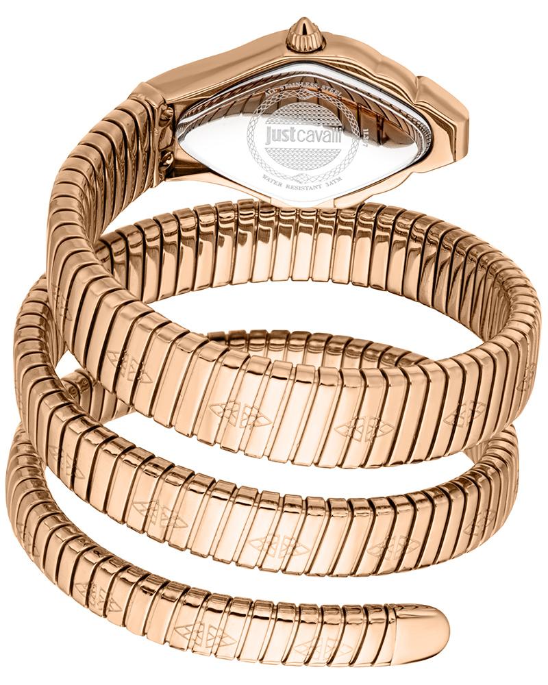 Rose gold snake-coil flexible bracelet strap of Just Cavalli Cristallo watch shown in layered coils