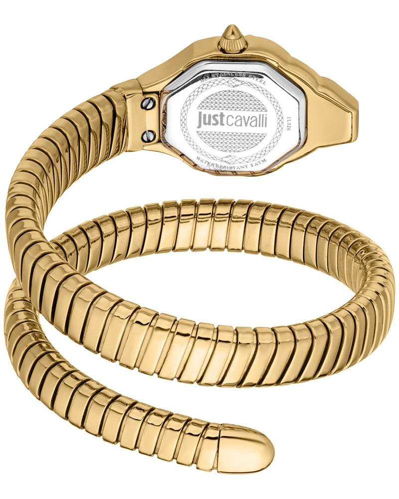 Just Cavalli Signature Snake watch showing case back and flexible snake-textured bracelet detail