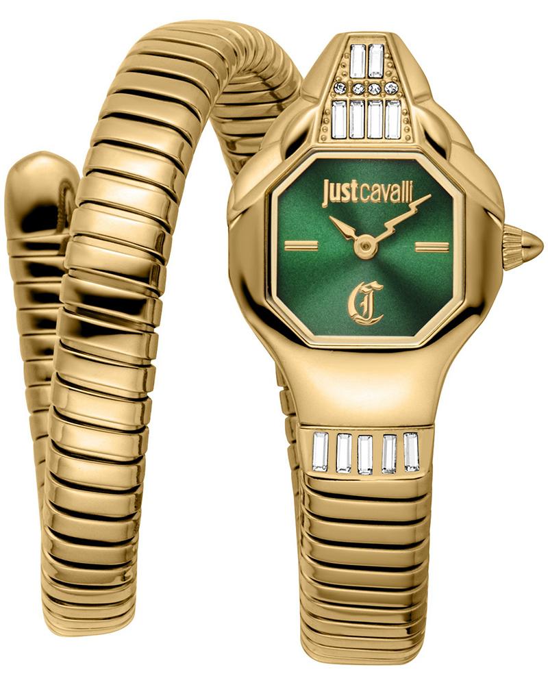 Just Cavalli Brillante women's watch with green dial, gold-tone octagonal case, and snake-coiled strap