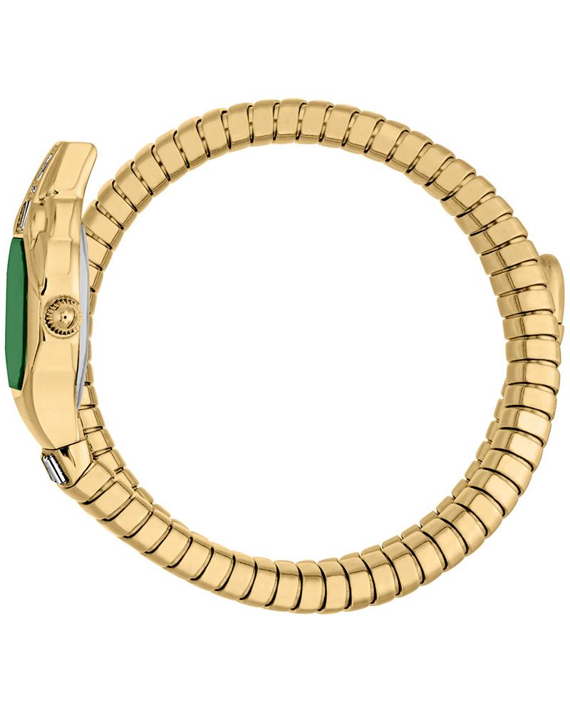 Just Cavalli Brillante watch worn on wrist displaying green dial and gold snake bracelet