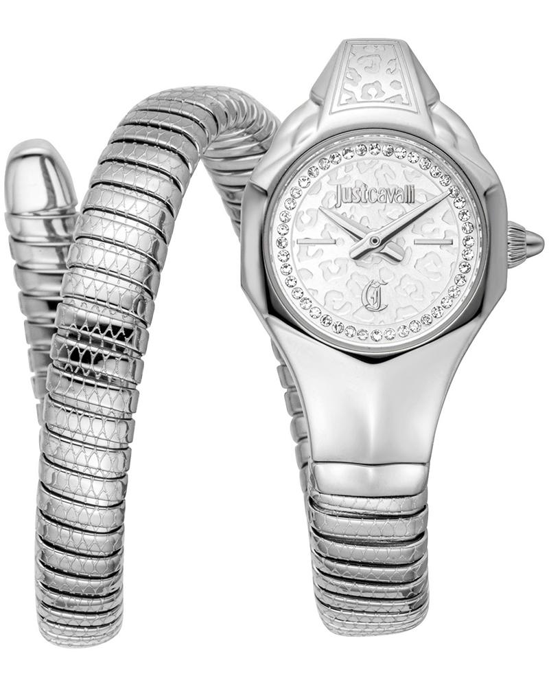 Just Cavalli Fiore silver dial analogue women's watch with crystal bezel and coiled metal bracelet