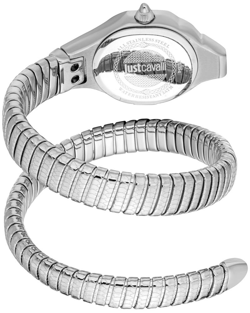 Just Cavalli Fiore watch caseback showing engraved branding and crystal-set bezel detail