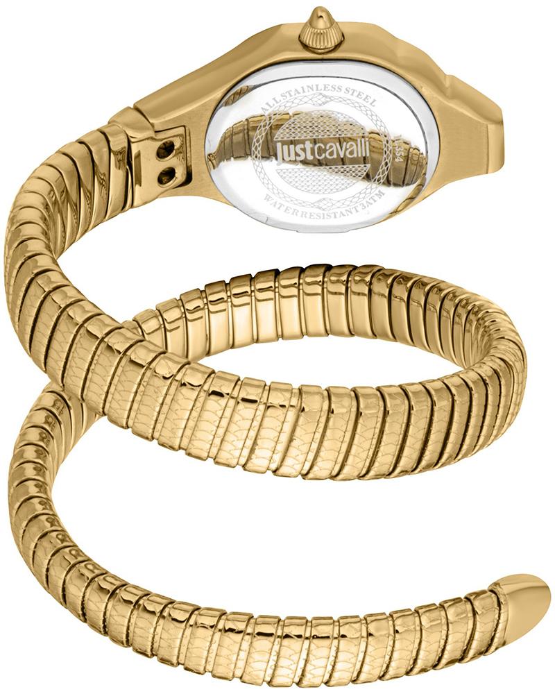 Just Cavalli Fiore caseback with engraved detail and gold-tone bangle strap