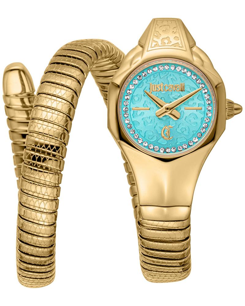 Just Cavalli Fiore turquoise dial gold steel watch with snake-textured bangle strap