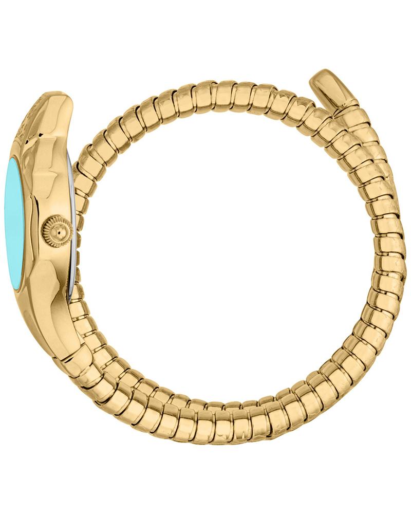 Just Cavalli Fiore gold steel bangle watch worn on wrist showing side profile