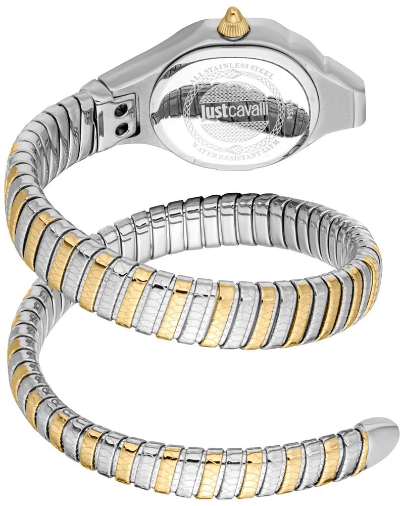 Just Cavalli Signature Snake Fiore Lady watch caseback showing engraved details and two-tone snake bracelet