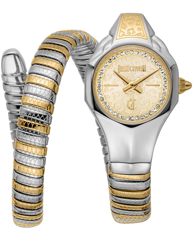 Just Cavalli Signature Snake Fiore Lady watch with two-tone stainless steel case and snake-textured bracelet