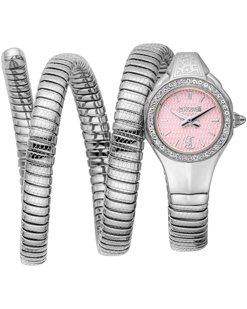 Just Cavalli Vita women's watch with pink dial, crystal bezel, and coiled bracelet