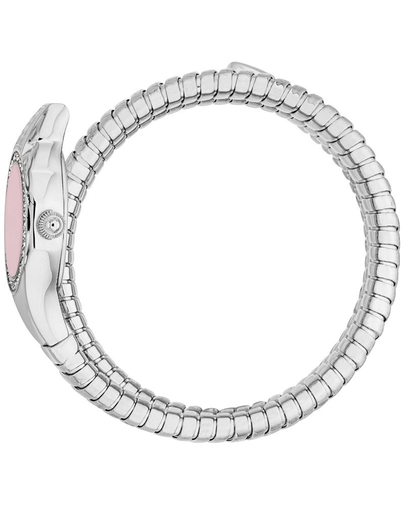 Side view of Just Cavalli Vita watch showing pink dial and metal band profile