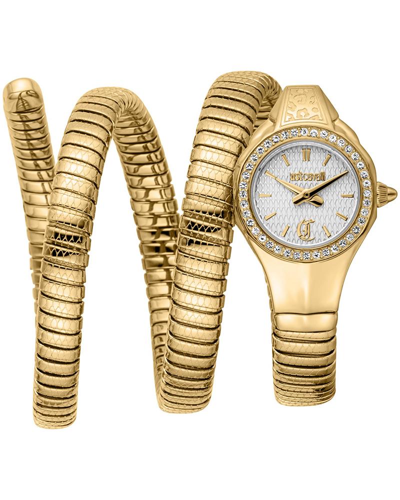 Just Cavalli Vita silver dial women's watch with gold-tone case and coiled bracelet