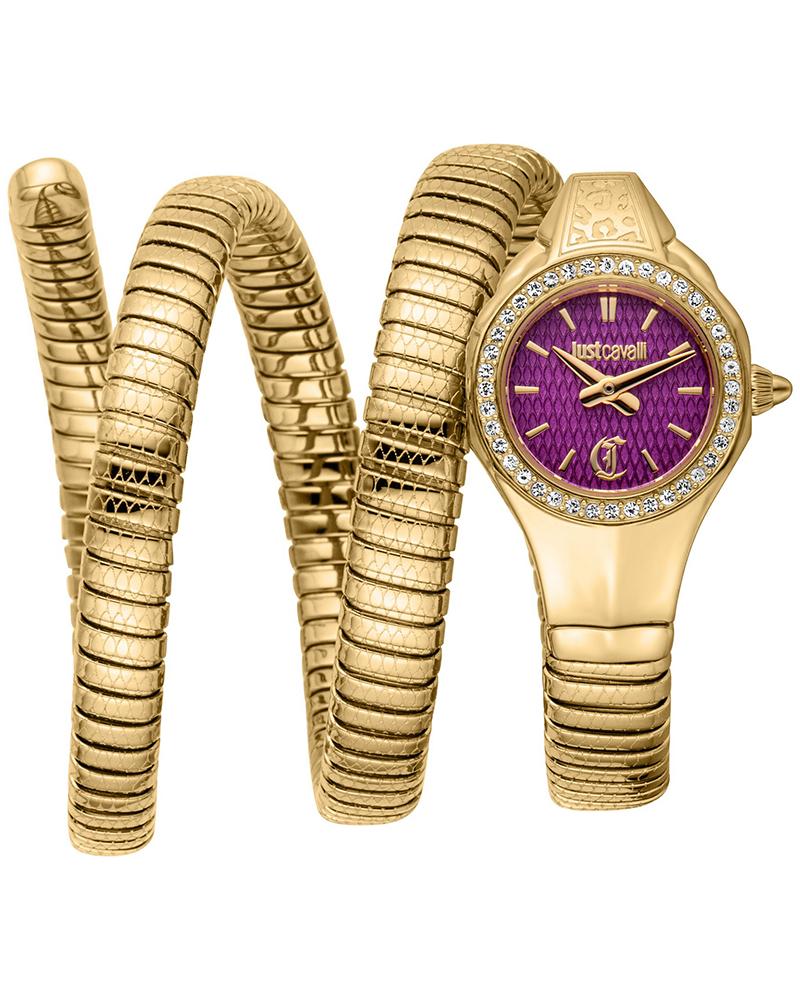 Just Cavalli Vita gold stainless steel watch with purple dial and crystal bezel