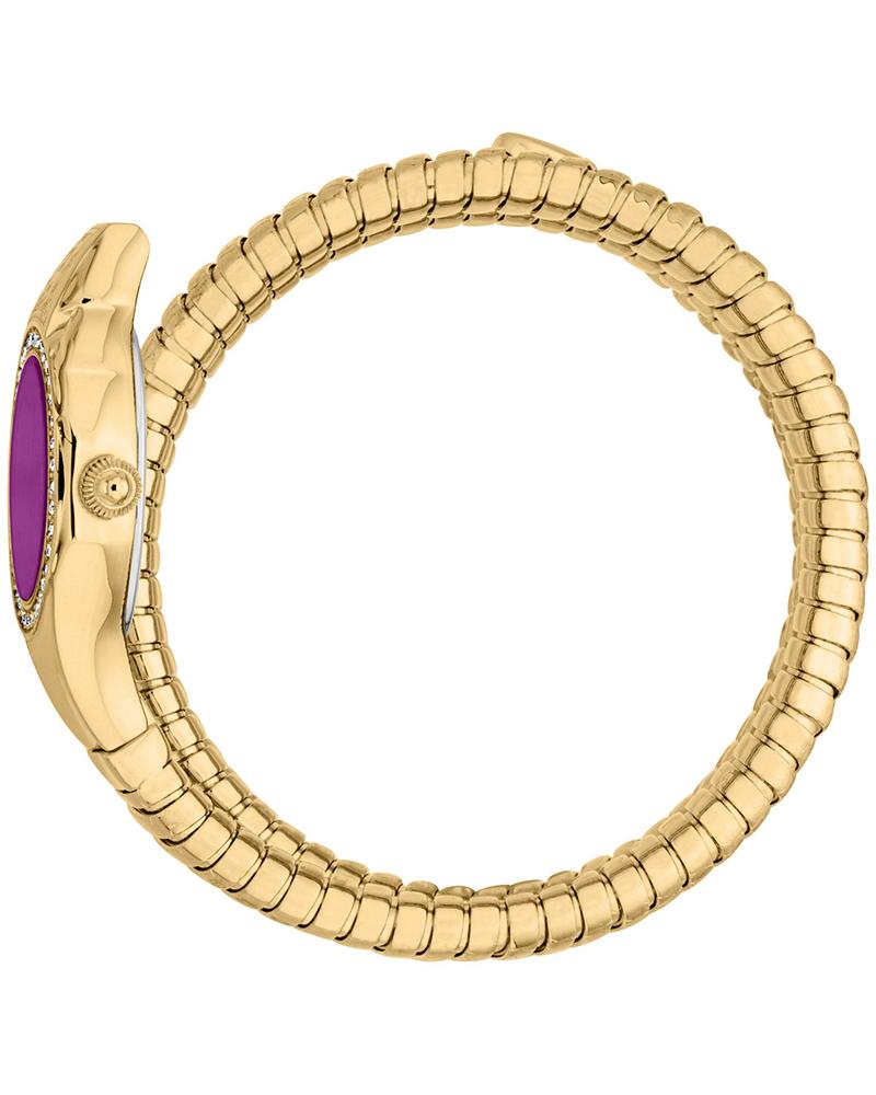 Just Cavalli Vita women's watch side view displaying purple dial and coiled bracelet