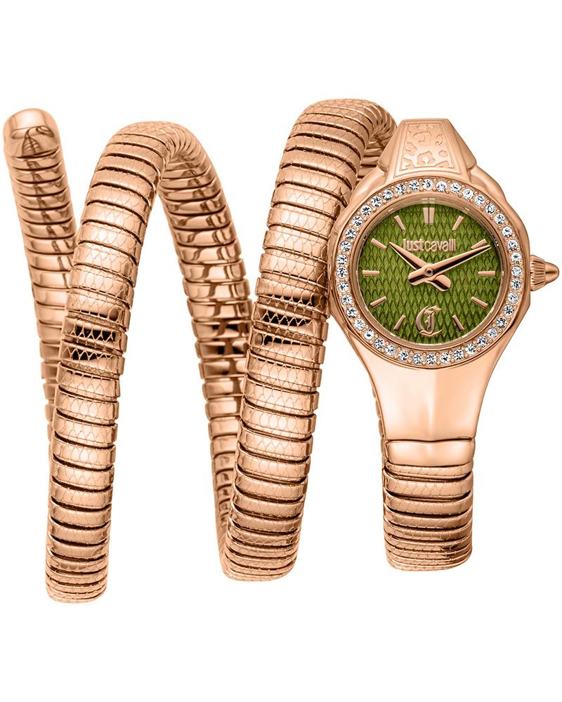 Just Cavalli Vita women's watch with green dial, rose gold case, crystal bezel, and snake-patterned rose gold strap