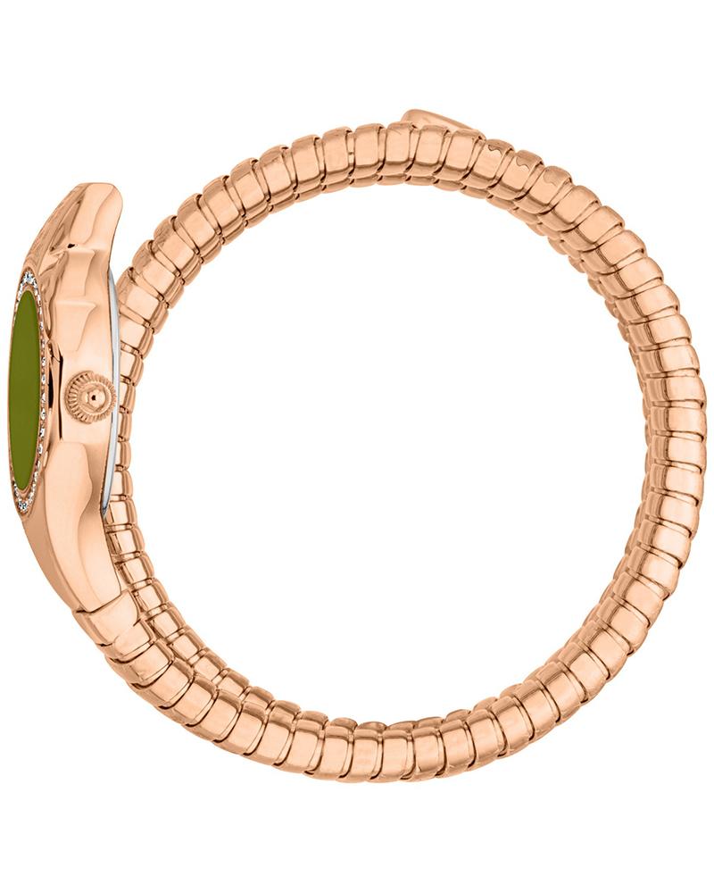 Side profile of Just Cavalli Vita watch with green dial and rose gold snake-patterned strap