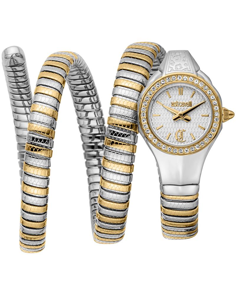 Just Cavalli Signature Snake Vita two-tone yellow gold and silver watch with diamond bezel and white dial