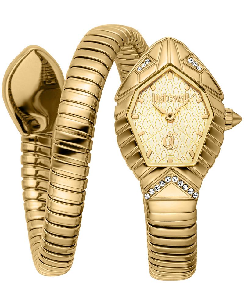 Just Cavalli Signature Snake Speranza yellow gold watch with champagne dial and crystal-accented snake head