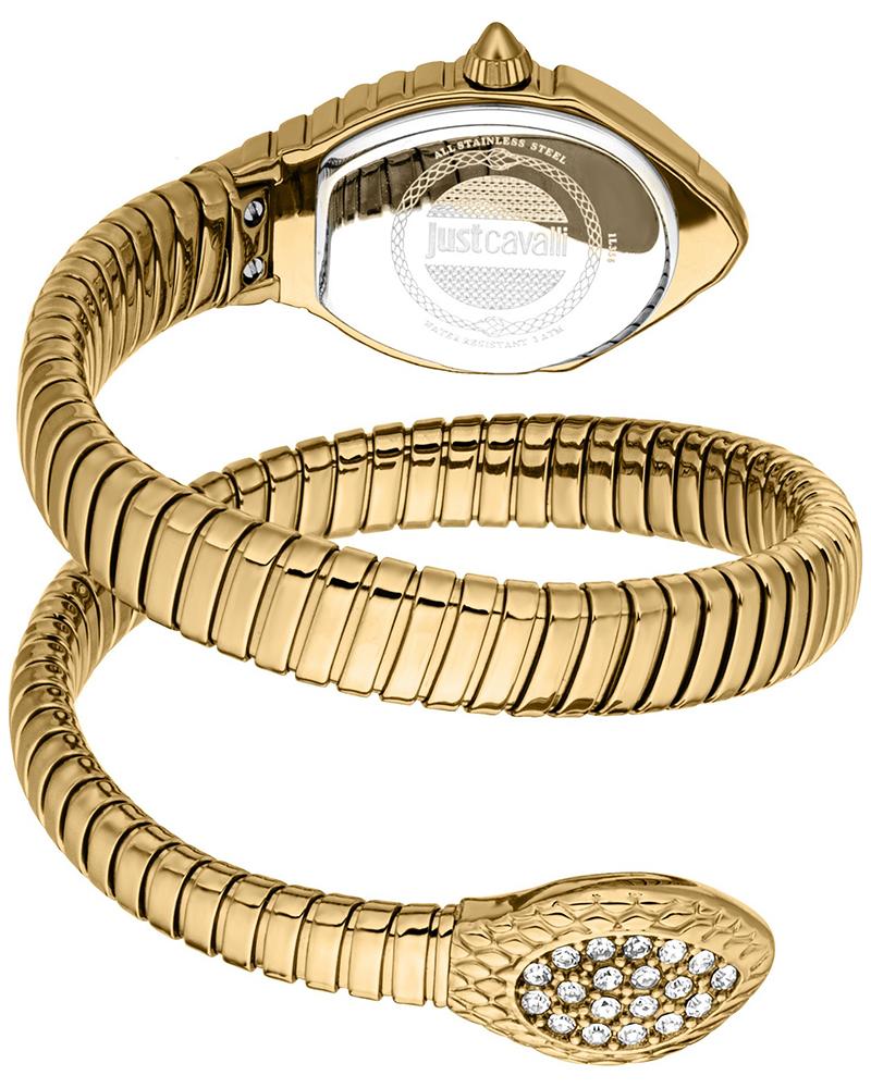 Just Cavalli Signature Snake Speranza watch displayed with coiled snake bracelet strap and crystal-adorned snake head closure