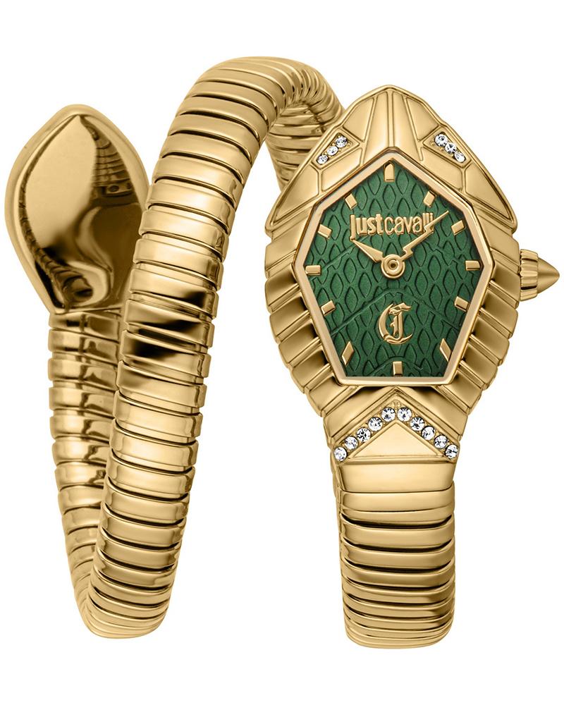 Just Cavalli Signature Snake Speranza watch with green dial and gold snake bracelet, front view