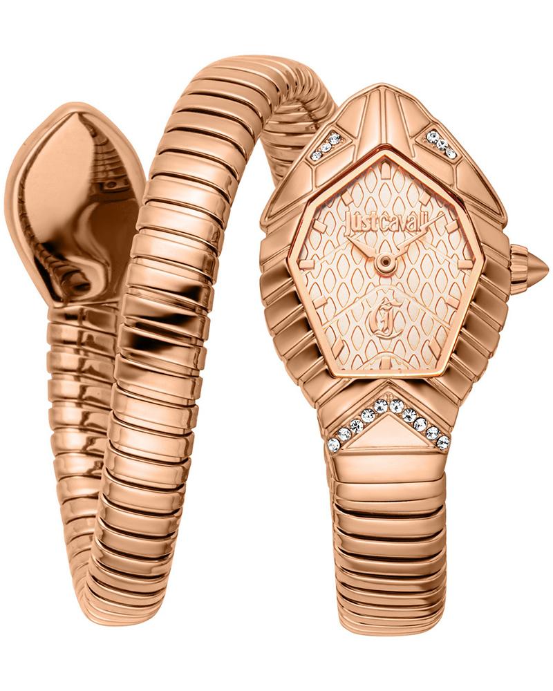 Just Cavalli Speranza rose gold watch with snake-shaped wrap bracelet showing dial and strap design
