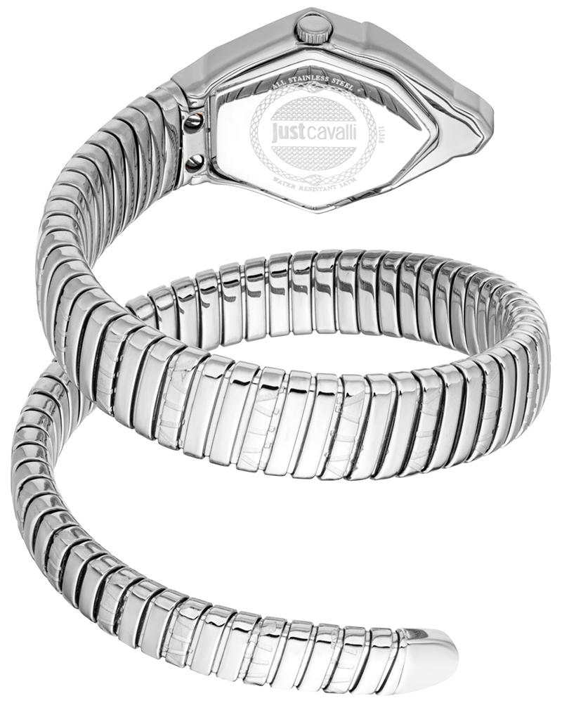 Just Cavalli Signature Snake watch caseback showing stainless steel snake-pattern bracelet detail