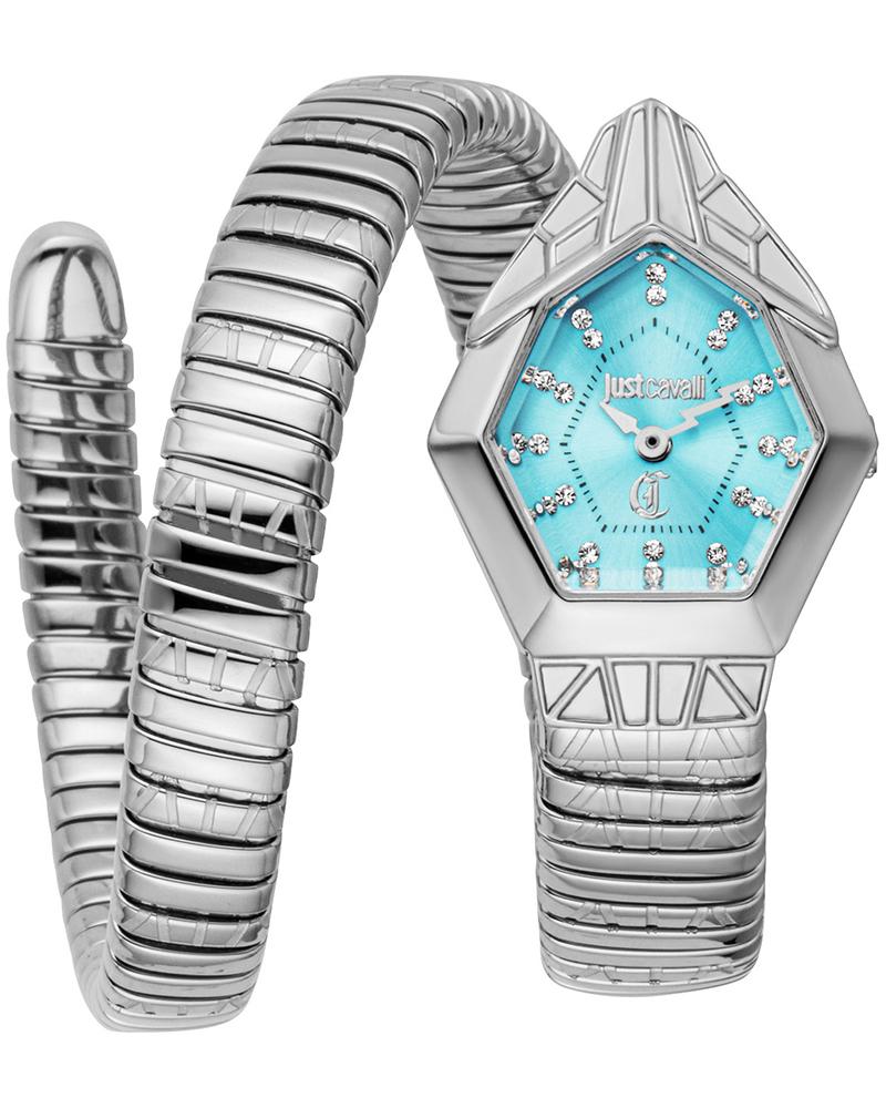 Just Cavalli Signature Snake watch with turquoise pentagon dial and snake-pattern stainless steel bracelet