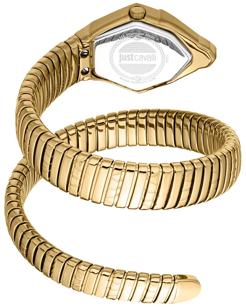 Just Cavalli Gemma Snake watch with coiled snake-form gold bracelet and case detail
