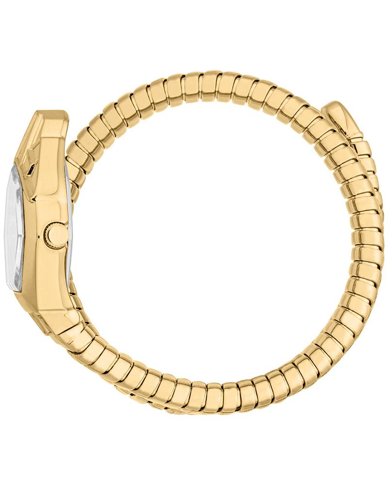 Just Cavalli Gemma Snake watch side view showing gold coiled bracelet and pentagonal case profile
