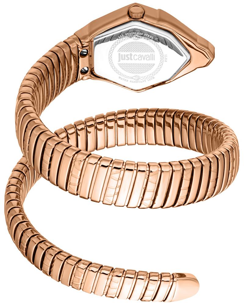 Just Cavalli Gemma rose gold watch caseback with Just Cavalli branding and flexible coil bracelet