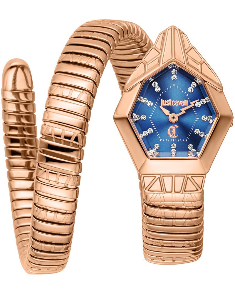 Just Cavalli Gemma rose gold women's watch with blue pentagonal dial and crystal hour markers