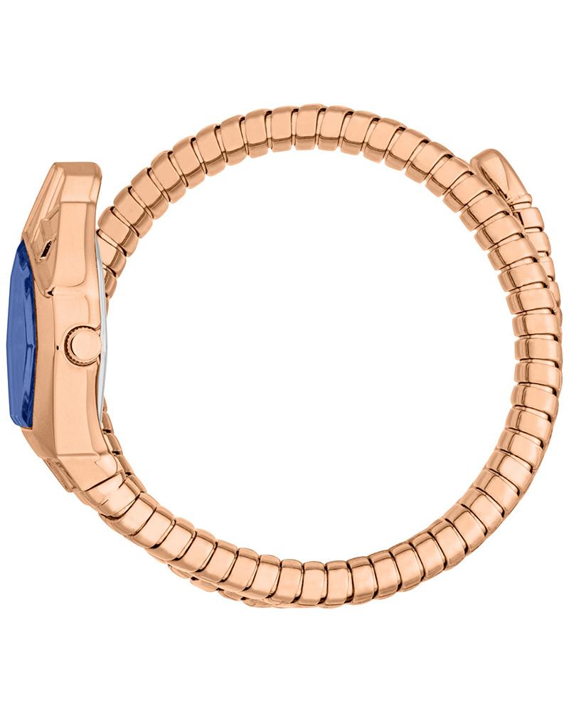 Just Cavalli Gemma watch side view showing rose gold pentagonal case and coil bracelet
