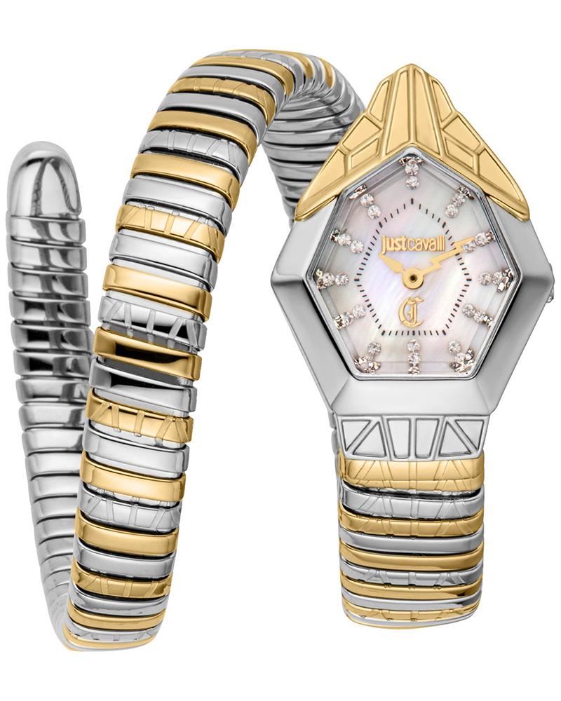 Just Cavalli Snake Gemma white dial watch with two-tone hexagonal case and snake-coil bracelet