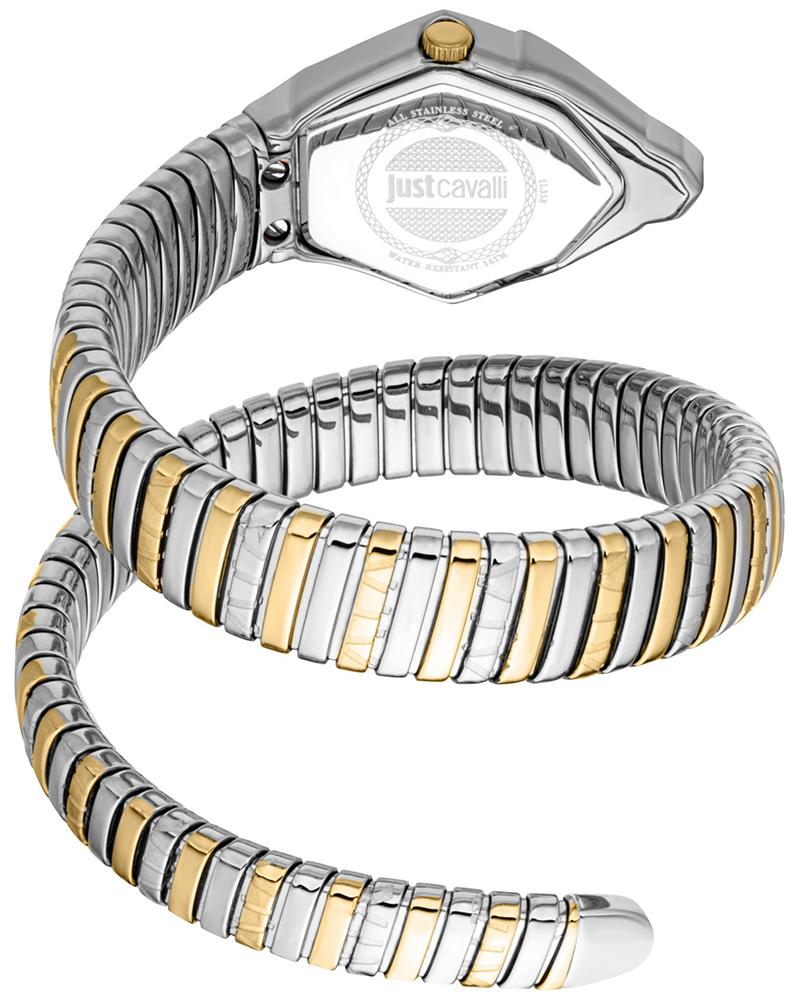 Just Cavalli Gemma watch showing caseback with engraved Just Cavalli logo and two-tone expandable bracelet