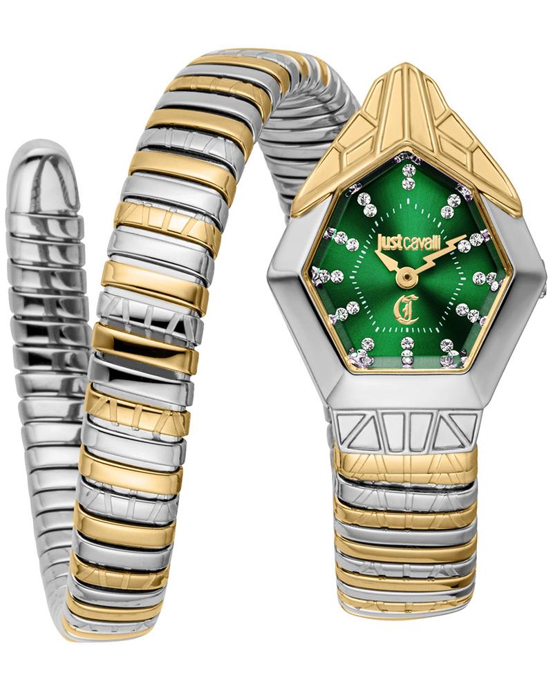 Just Cavalli Gemma watch with dark green dial, two-tone stainless steel bracelet, and hexagonal case with crystal indices