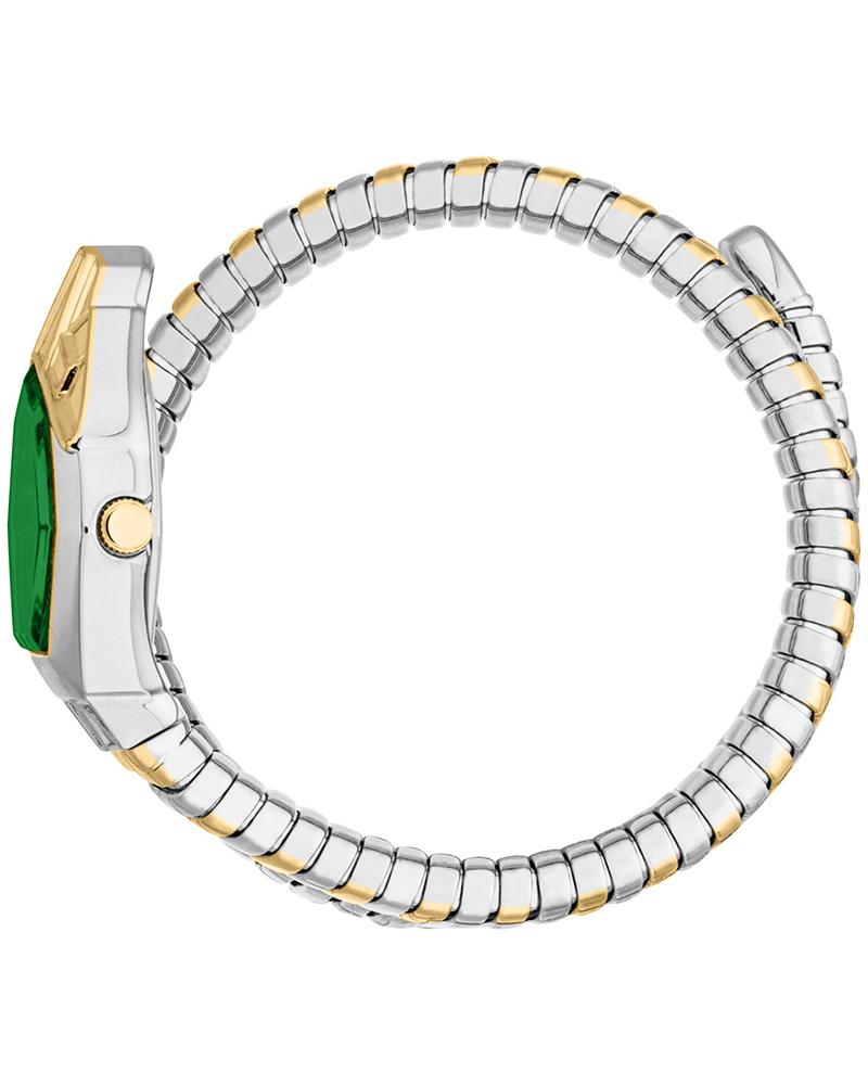Side view of Just Cavalli Gemma watch with dark green dial and two-tone stainless steel bracelet