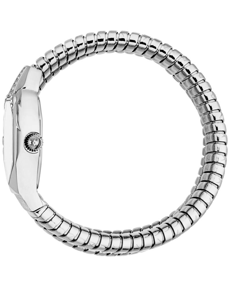 Just Cavalli Signature Snake Ambra silver watch worn on wrist side view